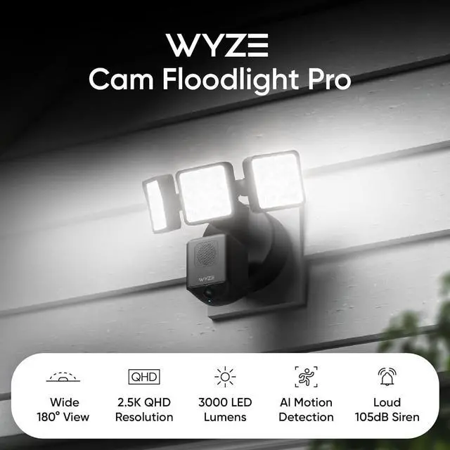 Alt view image 2 of 7 - WYZE Floodlight Camera Pro with Plug-in Mount, PCMag Editor's Choice 3000-Lumen LEDs, 2.5K HD Outdoor Security Camera, Color Night Vision, Wall Mount with 20ft Power Cable, Easy Installation (Black)