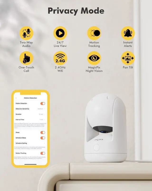 Alt view image 2 of 7 - Dzees Indoor Security Camera Pet Camera No Subscription, 2K 360° WiFi Camera, Wired Dog Pet Camera with Phone App, MagicPix Night Vision, Calls, 2-Way Audio, 24/7, Motion Tracking, Privacy, 2.4Ghz