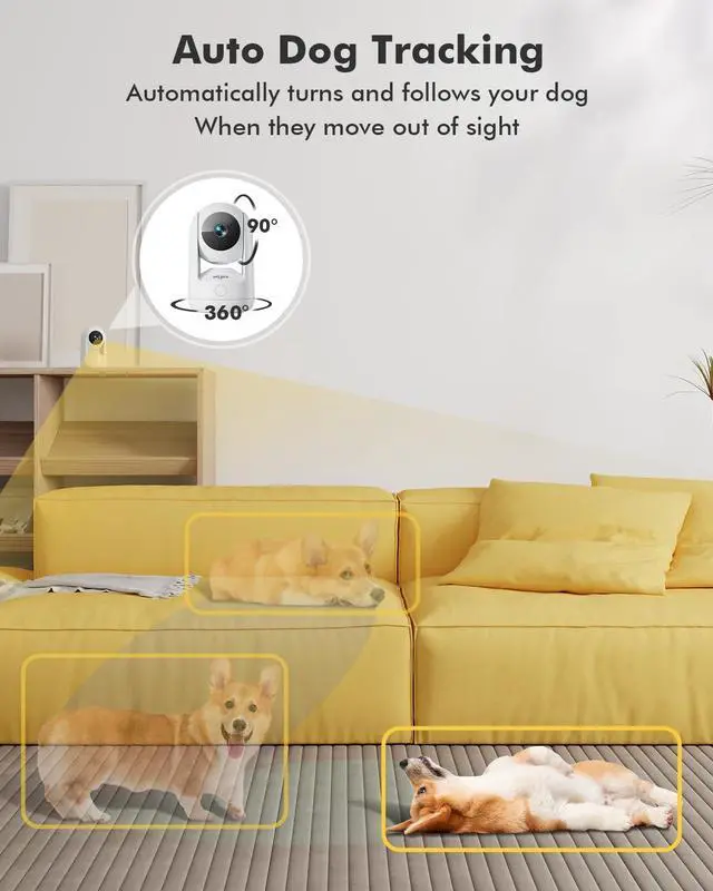 Alt view image 4 of 7 - Dzees Indoor Security Camera Pet Camera No Subscription, 2K 360° WiFi Camera, Wired Dog Pet Camera with Phone App, MagicPix Night Vision, Calls, 2-Way Audio, 24/7, Motion Tracking, Privacy, 2.4Ghz