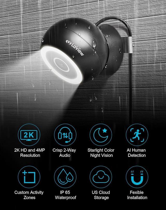 Alt view image 2 of 7 - LaView 4MP 2K Security Cameras Outdoor Indoor Wired,IP65, Starlight Sensor & 100 Ft Night Vision,Motion/Person Detection,2-Way Audio/Spotlight,US Cloud,Compatible With Alexa,iOS & Android & Web Access
