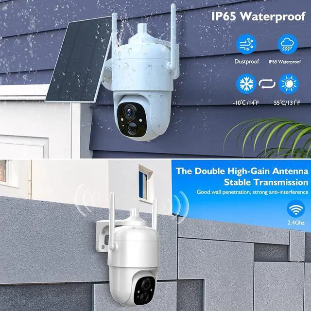 Alt view image 3 of 7 - Solar Security Cameras Wireless Outdoor, 2K 3MP Pan Tilt 355° View IP65 Waterproof Rechargeable Battery Powered PTZ WiFi Camera with PIR, Color Night Vision,2-Way Talk,Cloud/SD