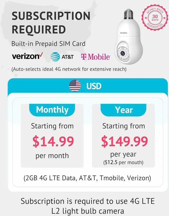 Alt view image 2 of 7 - LaView 4G LTE Cellular Light Bulb Security Camera,360°2K Security Cameras Wireless Outdoor Indoor 4MP Full Color Day and Night,Motion Detection, Audible Alarm,Easy Installation,Compatible with Alexa