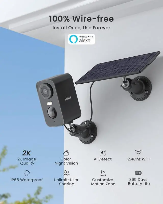 Alt view image 2 of 7 - ieGeek Solar Security Cameras Wireless Outdoor with Solar Panel, 2K WiFi Battery Camera for Home Security with Color Night Vision, Motion Detection, 2-Way Talk for Home Surveillance, Works with Alexa