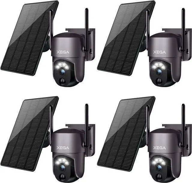 Main image of Xega 4 Pack Security Camera Wireless Outdoor 2K 360° PTZ Camera Solar Security Cameras 2.4G WiFi Video Surveillance w/Spotlight & Siren, Color Night Vision, AI Motion Detection, 2-Way Talk, IP66