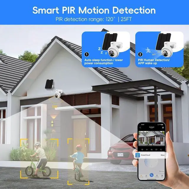 Alt view image 4 of 7 - Solar Security Cameras Outdoor, 4MP PTZ Solar Panel for Security Cameras, Battery Powered Wireless Cameras for Home with 128GB Card, PIR Motion Detection, Color Night Vision, Work with Alexa
