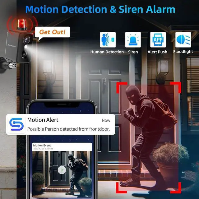 Alt view image 4 of 6 - Septekon 2K Security Cameras Wireless Outdoor 4 Pack, Solar Battery Powered Camera with Two Spotlights, PIR Motion Detection Siren, Color Night Vision, 2-Way Audio, IP66 Waterpoof