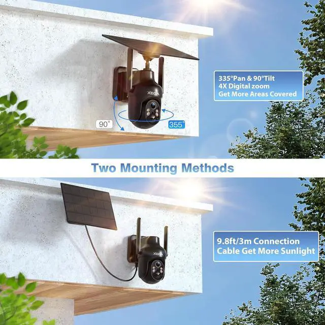 Alt view image 6 of 7 - Xega 4 Pack Security Camera Wireless Outdoor, 2K PTZ Camera WiFi Surveillance Rechargeable Battery with Solar Panel, Color Night Vision, 2-Way Audio, PIR Motion Detection, Spotlight & Siren, IP66