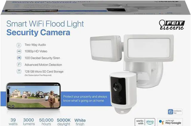 Alt view image 2 of 7 - Feit Electric Outdoor Smart Camera Floodlight with Motion Sensor, Hardwired White Outdoor Security Light with Video, 1080p HD, 128 GB Micro SD Card Storage, Two-Way Audio and Alarm SEC3000/CAM/WIFI