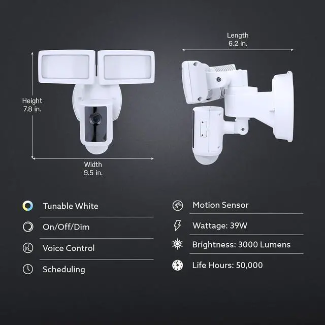 Alt view image 3 of 7 - Feit Electric Outdoor Smart Camera Floodlight with Motion Sensor, Hardwired White Outdoor Security Light with Video, 1080p HD, 128 GB Micro SD Card Storage, Two-Way Audio and Alarm SEC3000/CAM/WIFI