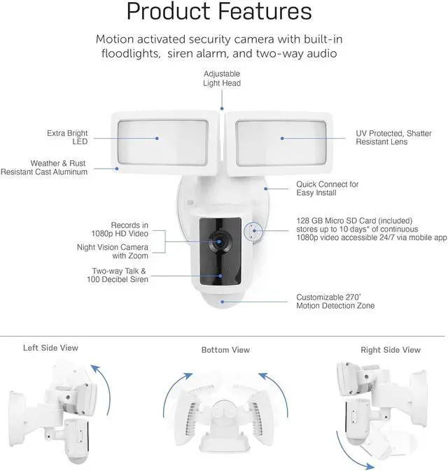 Alt view image 6 of 7 - Feit Electric Outdoor Smart Camera Floodlight with Motion Sensor, Hardwired White Outdoor Security Light with Video, 1080p HD, 128 GB Micro SD Card Storage, Two-Way Audio and Alarm SEC3000/CAM/WIFI