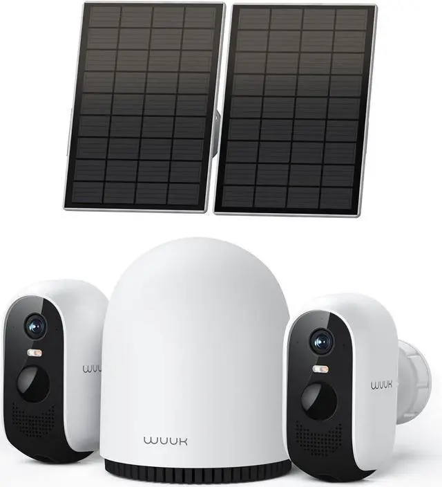 Main image of WUUK 2K Solar Security Cameras Wireless Outdoor, Homebase Support Up to 8 Cams, 2 Cams Kit with Forever Power, No Monthly Fee, 32GB Local Storage, Compatible for Alexa, Google Home&IFTTT, 2.4G&5G WiFi