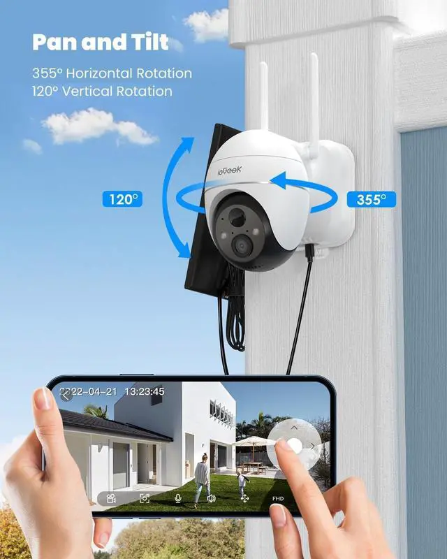 Alt view image 2 of 7 - ieGeek Security Cameras Wireless Outdoor, 2K WiFi Home Security System 360° PTZ Camera 2 Pack, Solar/Battery Powered Cam with Spotlight/Siren/AI/Motion Sensor/3MP Color Night Vision, Works with Alexa