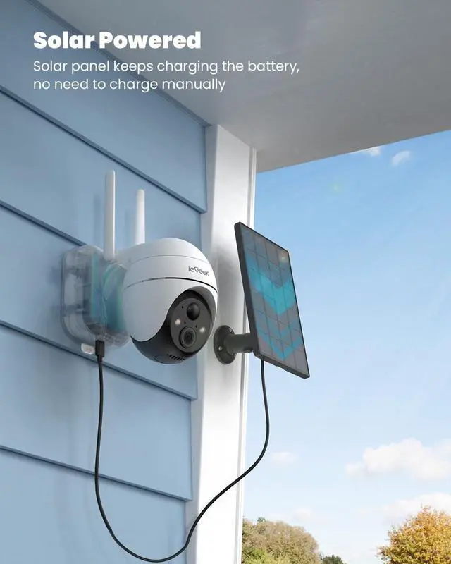 Alt view image 3 of 7 - ieGeek Security Cameras Wireless Outdoor, 2K WiFi Home Security System 360° PTZ Camera 2 Pack, Solar/Battery Powered Cam with Spotlight/Siren/AI/Motion Sensor/3MP Color Night Vision, Works with Alexa