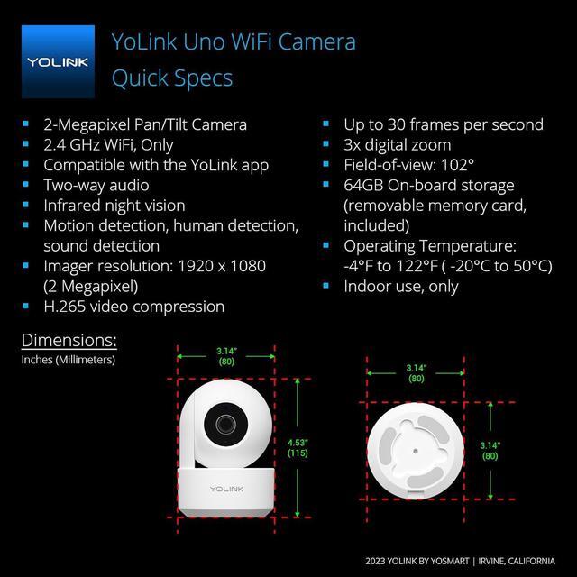 Alt view image 2 of 2 - YoLink Uno Wireless Home Security Camera Indoor, 2.4GHz WiFi Camera for Baby and Pet Monitor, 1080p Dog Camera with Phone App, Night Vision B/W, 2-Way Audio, SD Card Storage, 360°