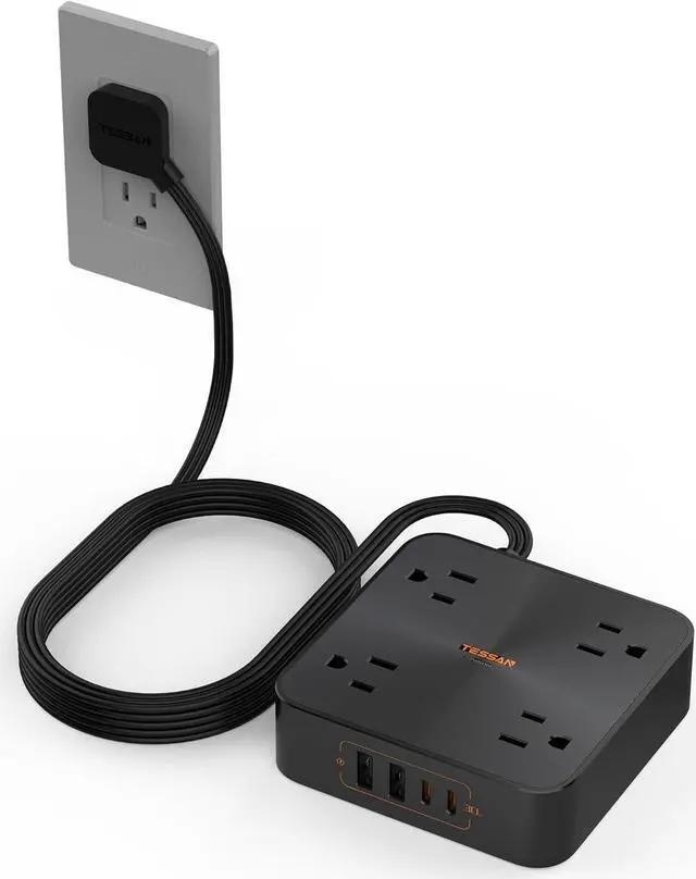 Main image of 30W USB C Power Strip, TESSAN Fast Charger Surge Protector with 4 Outlet Extender, 5 FT Flat Plug Extension Cord 4 USB Block Power Delivery (2 USB C) for Office Supplies, Dorm Room Essentials, Black
