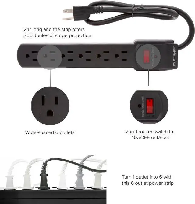 Alt view image 4 of 7 - Maxxima 4-Pack 6 Outlet Power Strip Surge Protector - 300 Joules, Features Red On/Off Switch, Powers Multiple Electronics and Devices Simultaneously, Perfect for Home Appliances - Black