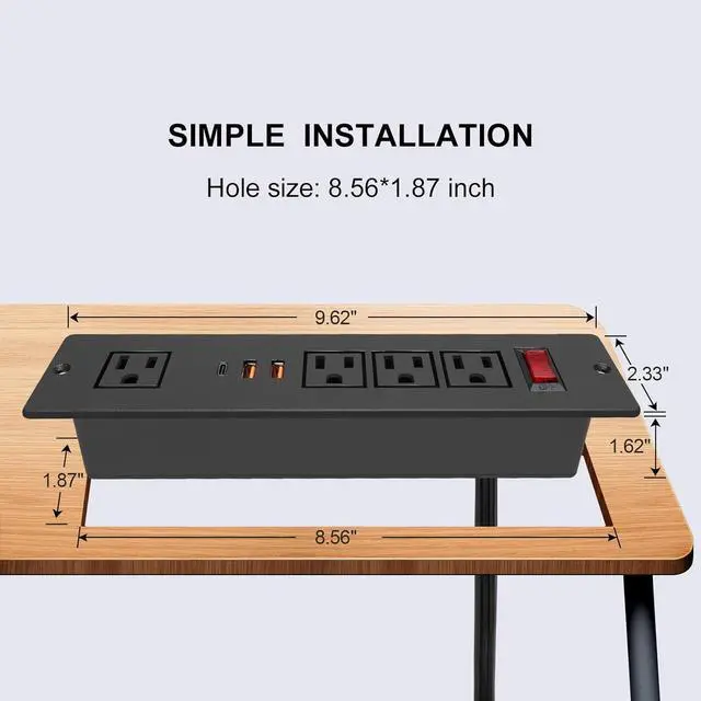 Alt view image 2 of 7 - Desktop Recessed Power Strip USB C (Fast Charge 20W),Mounted Desk Plug in Extension Cord 4 Outlets (1 Extra Wide Space) w 3 USB Ports (w Switch) for Conference Counter Table Couch.