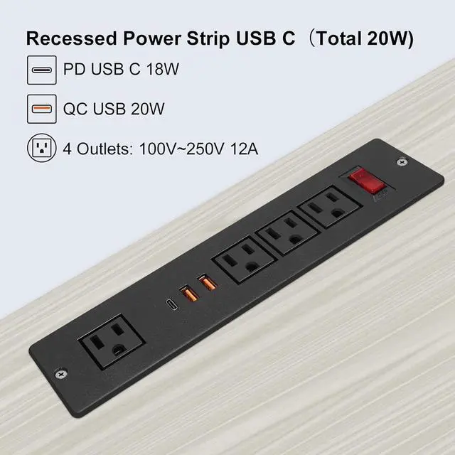 Alt view image 3 of 7 - Desktop Recessed Power Strip USB C (Fast Charge 20W),Mounted Desk Plug in Extension Cord 4 Outlets (1 Extra Wide Space) w 3 USB Ports (w Switch) for Conference Counter Table Couch.