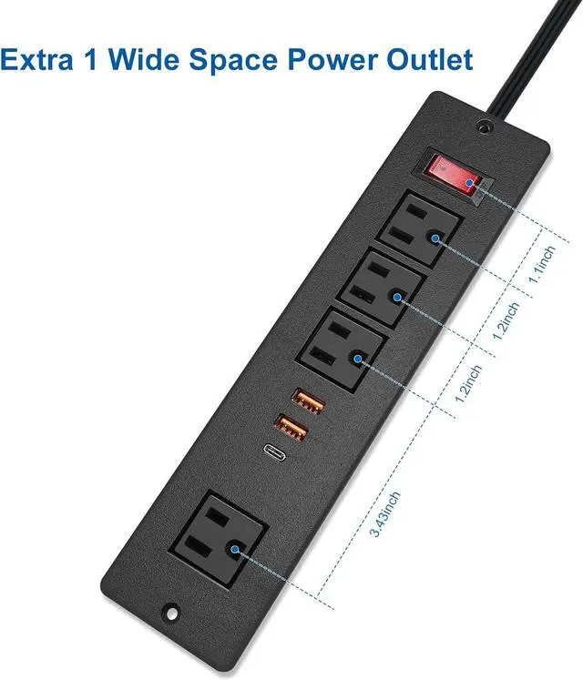 Alt view image 4 of 7 - Desktop Recessed Power Strip USB C (Fast Charge 20W),Mounted Desk Plug in Extension Cord 4 Outlets (1 Extra Wide Space) w 3 USB Ports (w Switch) for Conference Counter Table Couch.