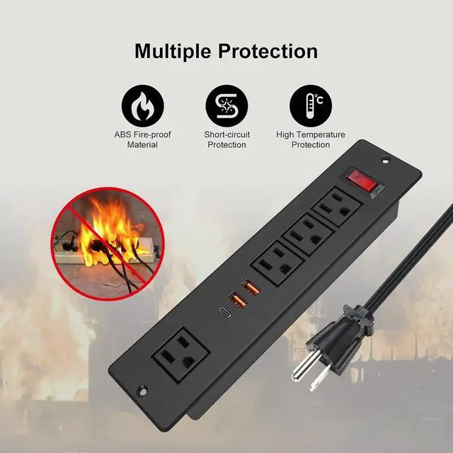 Alt view image 5 of 7 - Desktop Recessed Power Strip USB C (Fast Charge 20W),Mounted Desk Plug in Extension Cord 4 Outlets (1 Extra Wide Space) w 3 USB Ports (w Switch) for Conference Counter Table Couch.