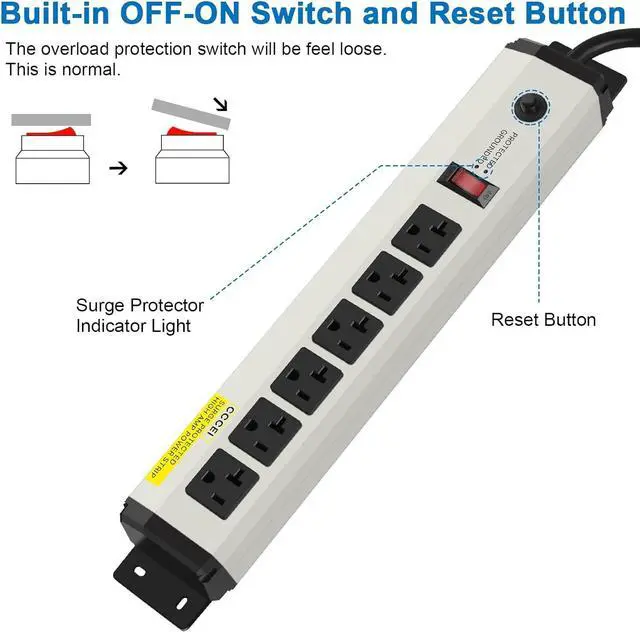 Alt view image 5 of 7 - CCCEI 12 Gauge Heavy Duty Power Strip Surge Protector 4800J, 20 Amp 6 Plug Industrial Shop Garage Metal Multiple Outlets, 6 FT Extension Cord 5-15P Adapter High Amp 6-20R T-Slot 20a for Appliance.