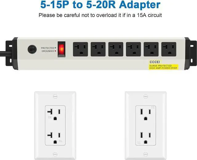Alt view image 6 of 7 - CCCEI 12 Gauge Heavy Duty Power Strip Surge Protector 4800J, 20 Amp 6 Plug Industrial Shop Garage Metal Multiple Outlets, 6 FT Extension Cord 5-15P Adapter High Amp 6-20R T-Slot 20a for Appliance.