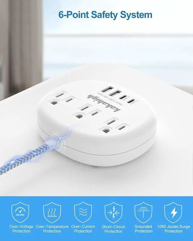 Alt view image 7 of 7 - Power Strip Surge Protector(1080J) - Braided Extension Cord 5 Feet, 13 Amp (1625W) Power Surge Protector with 3 AC Outlet 4 USB (24W/4.8A), College Dorm Room Essentials ETL Listed, White