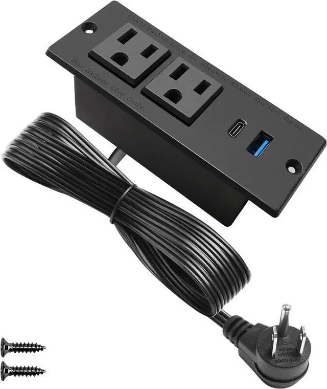 Main image of USB C Recessed Power Strip Fast Charge Desktop Power Station 2 Outlets 2 USB (PD20W & QC18W, Total 20W) Mountable Flat Plug Extension Cord Mount for Tabletop Sofa Cabinet Nightstand (USB C Black)