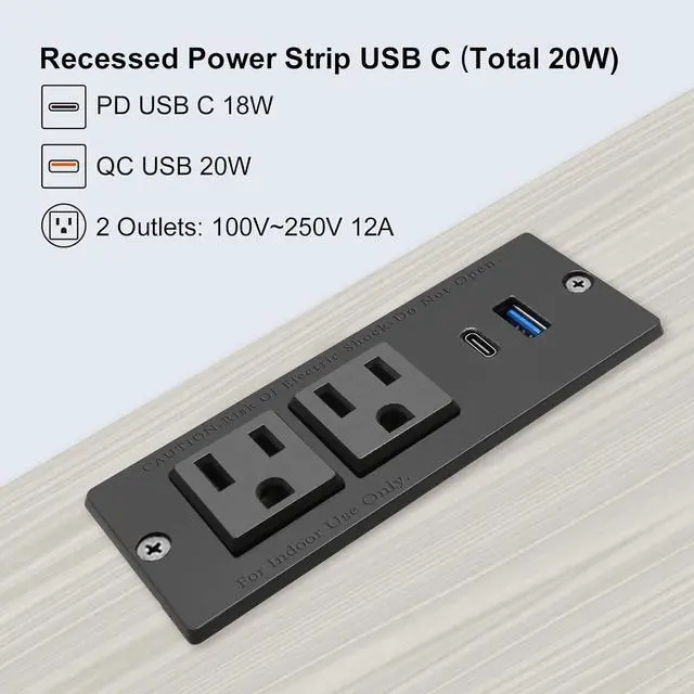 Alt view image 3 of 7 - USB C Recessed Power Strip Fast Charge Desktop Power Station 2 Outlets 2 USB (PD20W & QC18W, Total 20W) Mountable Flat Plug Extension Cord Mount for Tabletop Sofa Cabinet Nightstand (USB C Black)