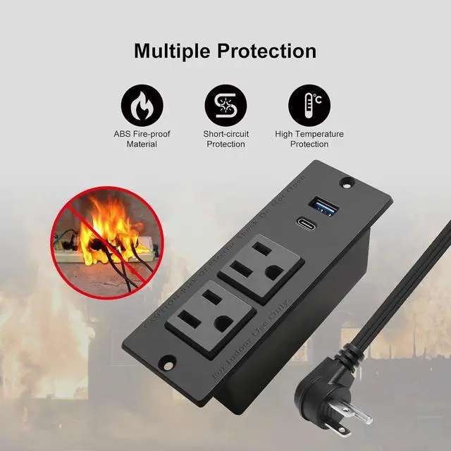 Alt view image 5 of 7 - USB C Recessed Power Strip Fast Charge Desktop Power Station 2 Outlets 2 USB (PD20W & QC18W, Total 20W) Mountable Flat Plug Extension Cord Mount for Tabletop Sofa Cabinet Nightstand (USB C Black)