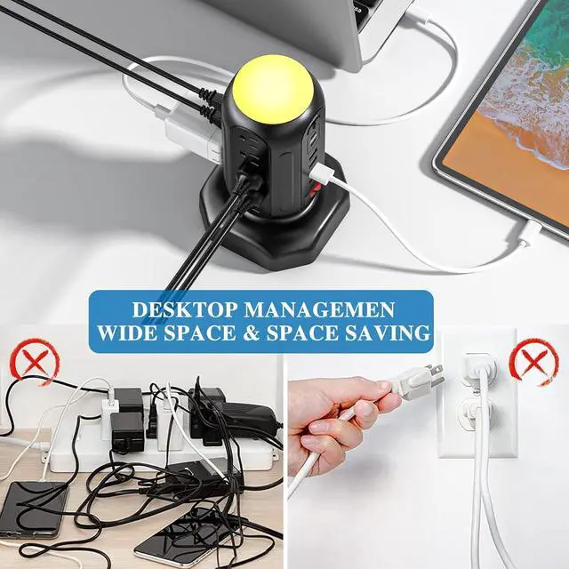 Alt view image 2 of 7 - Surge Protector Power Strip Tower with Night Light Charging Tower with 15 AC 6 USB (2 USB C) 6.5 Ft Extension Cord CYAN BOX Power Tower Desktop Charging Station,Home Desk Accessories