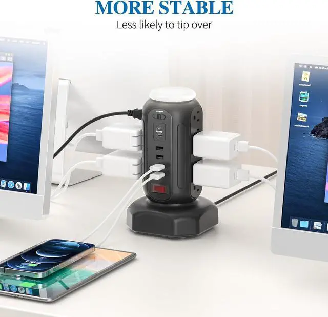 Alt view image 3 of 7 - Surge Protector Power Strip Tower with Night Light Charging Tower with 15 AC 6 USB (2 USB C) 6.5 Ft Extension Cord CYAN BOX Power Tower Desktop Charging Station,Home Desk Accessories