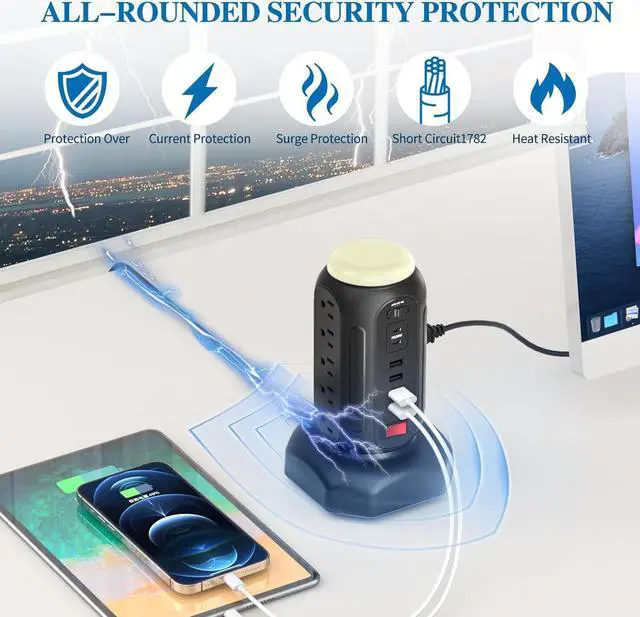 Alt view image 5 of 7 - Surge Protector Power Strip Tower with Night Light Charging Tower with 15 AC 6 USB (2 USB C) 6.5 Ft Extension Cord CYAN BOX Power Tower Desktop Charging Station,Home Desk Accessories
