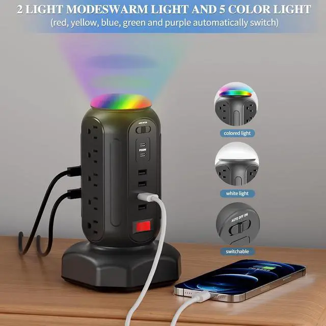 Alt view image 6 of 7 - Surge Protector Power Strip Tower with Night Light Charging Tower with 15 AC 6 USB (2 USB C) 6.5 Ft Extension Cord CYAN BOX Power Tower Desktop Charging Station,Home Desk Accessories