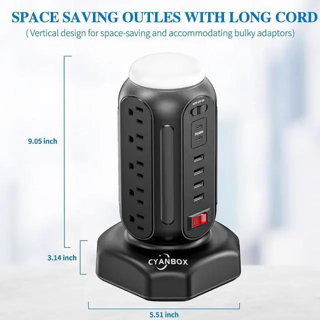 Alt view image 7 of 7 - Surge Protector Power Strip Tower with Night Light Charging Tower with 15 AC 6 USB (2 USB C) 6.5 Ft Extension Cord CYAN BOX Power Tower Desktop Charging Station,Home Desk Accessories