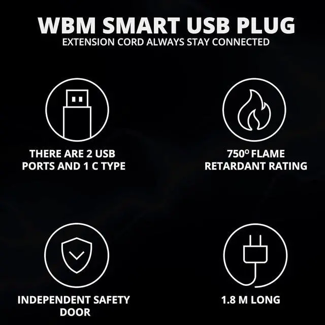 Alt view image 7 of 7 - WBM Extension Cord Socket 5.9 ft, Surge Protector Power Strip with 2 USB Ports and 1 Type C Plug, Flat Multi Outlet Extender for Charging Electronic Devices  2 PCS