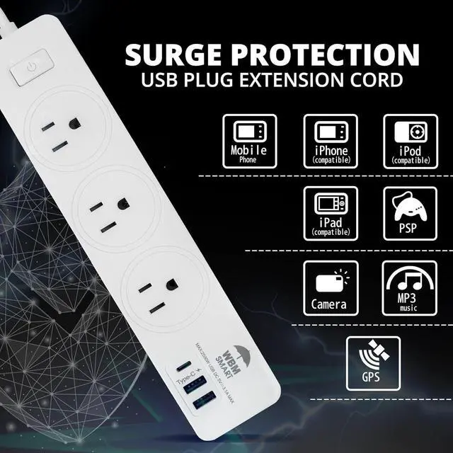 Alt view image 6 of 7 - WBM Extension Cord Socket 5.9 ft, Surge Protector Power Strip with 2 USB Ports and 1 Type C Plug, Flat Multi Outlet Extender for Charging Electronic Devices  2 PCS