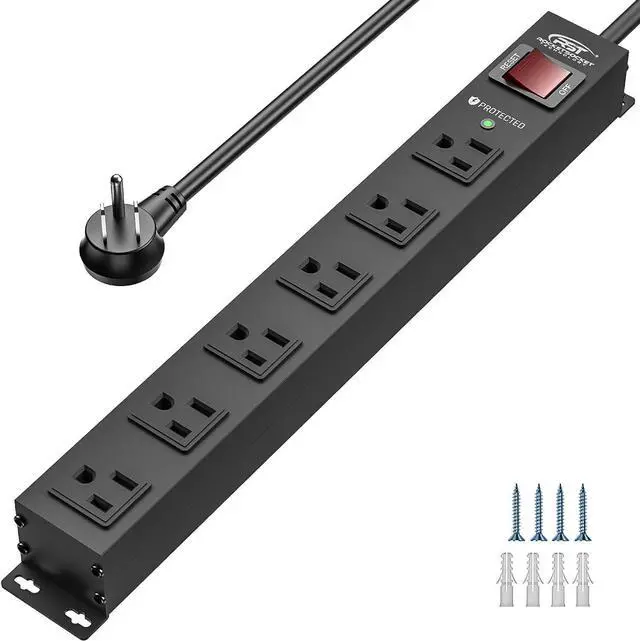 Main image of CRST 6 Outlet Heavy Duty Power Strip with Switch, 15A/1875W Metal Mountable Power Strip Surge Protector 2100Joules, Wide Spaced Power Bar for Garage Worshop Home School, 6 FT Cord