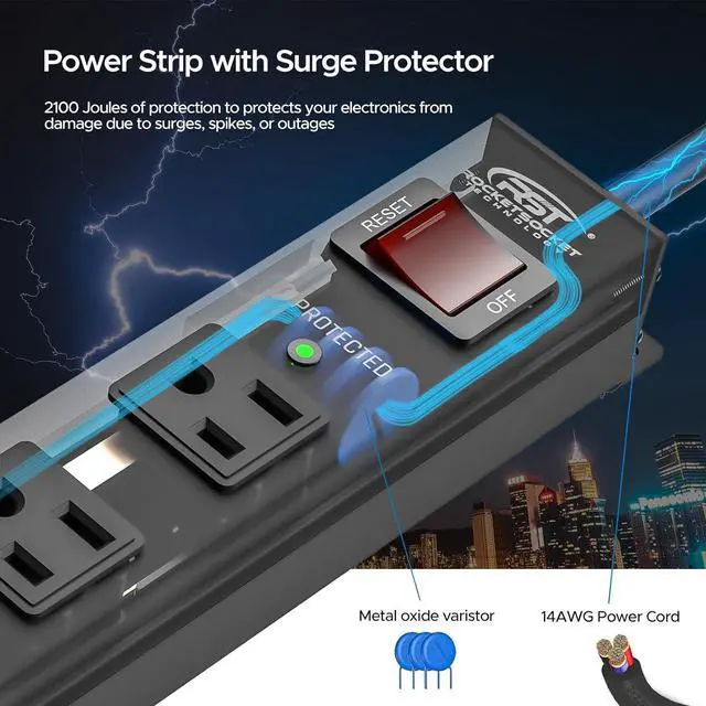 Alt view image 4 of 7 - CRST 6 Outlet Heavy Duty Power Strip with Switch, 15A/1875W Metal Mountable Power Strip Surge Protector 2100Joules, Wide Spaced Power Bar for Garage Worshop Home School, 6 FT Cord