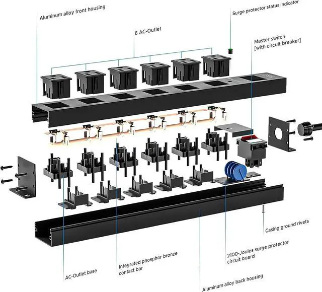 Alt view image 6 of 7 - CRST 6 Outlet Heavy Duty Power Strip with Switch, 15A/1875W Metal Mountable Power Strip Surge Protector 2100Joules, Wide Spaced Power Bar for Garage Worshop Home School, 6 FT Cord