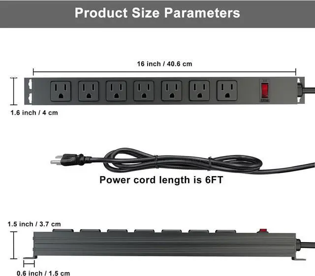 Alt view image 5 of 6 - Metal Power Strip, Mountable Heavy Duty Surge Protector with 6ft Extension Cord and Switch, Aluminum Alloy House for Heat Dissipation, 14AWG Power Cord, 1875W Overload Protection (Black-7AC)