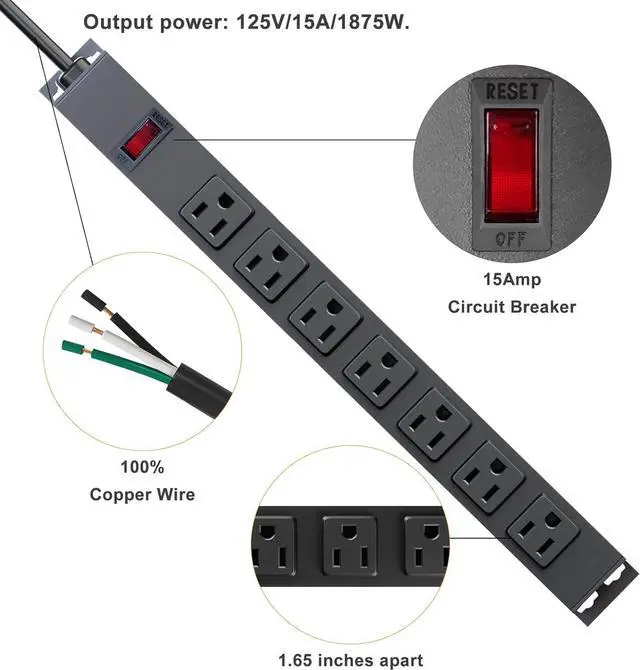 Alt view image 4 of 6 - Metal Power Strip, Mountable Heavy Duty Surge Protector with 6ft Extension Cord and Switch, Aluminum Alloy House for Heat Dissipation, 14AWG Power Cord, 1875W Overload Protection (Black-7AC)