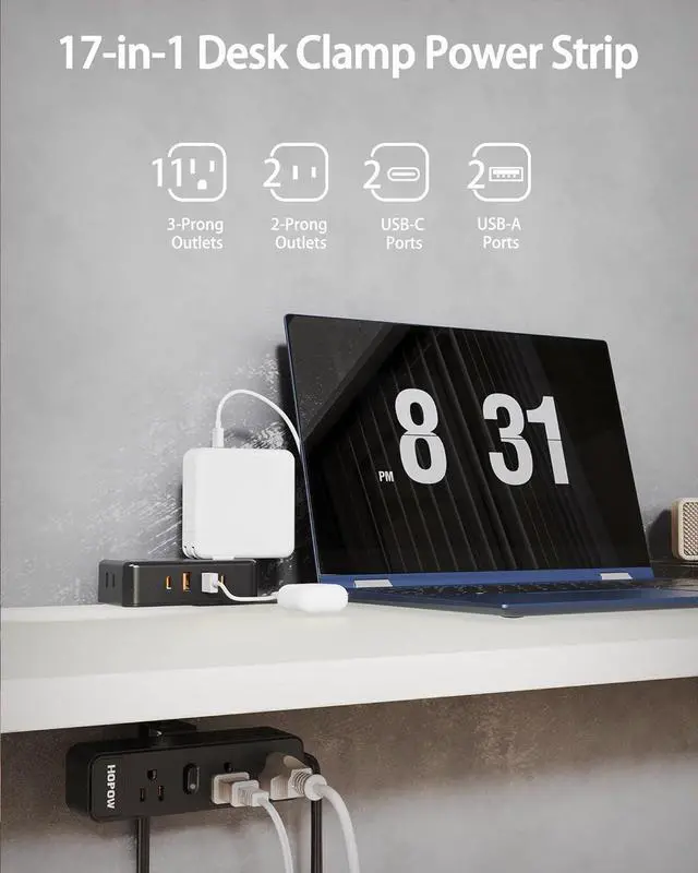 Alt view image 2 of 7 - Dual Layer Desk Clamp Power Strip, Desktop Edge Mount Charging Station with 13 Outlets 4 USB Ports (2 USB C), Under Desk Surge Protector(1700 Joules), 10 Ft Extension Cord for Office Home
