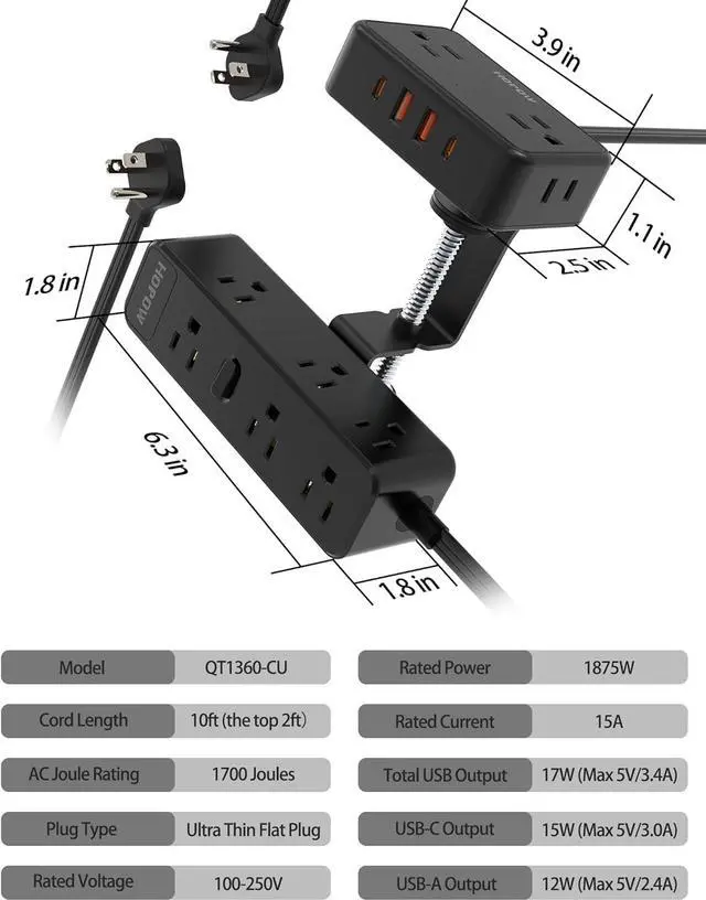 Alt view image 7 of 7 - Dual Layer Desk Clamp Power Strip, Desktop Edge Mount Charging Station with 13 Outlets 4 USB Ports (2 USB C), Under Desk Surge Protector(1700 Joules), 10 Ft Extension Cord for Office Home