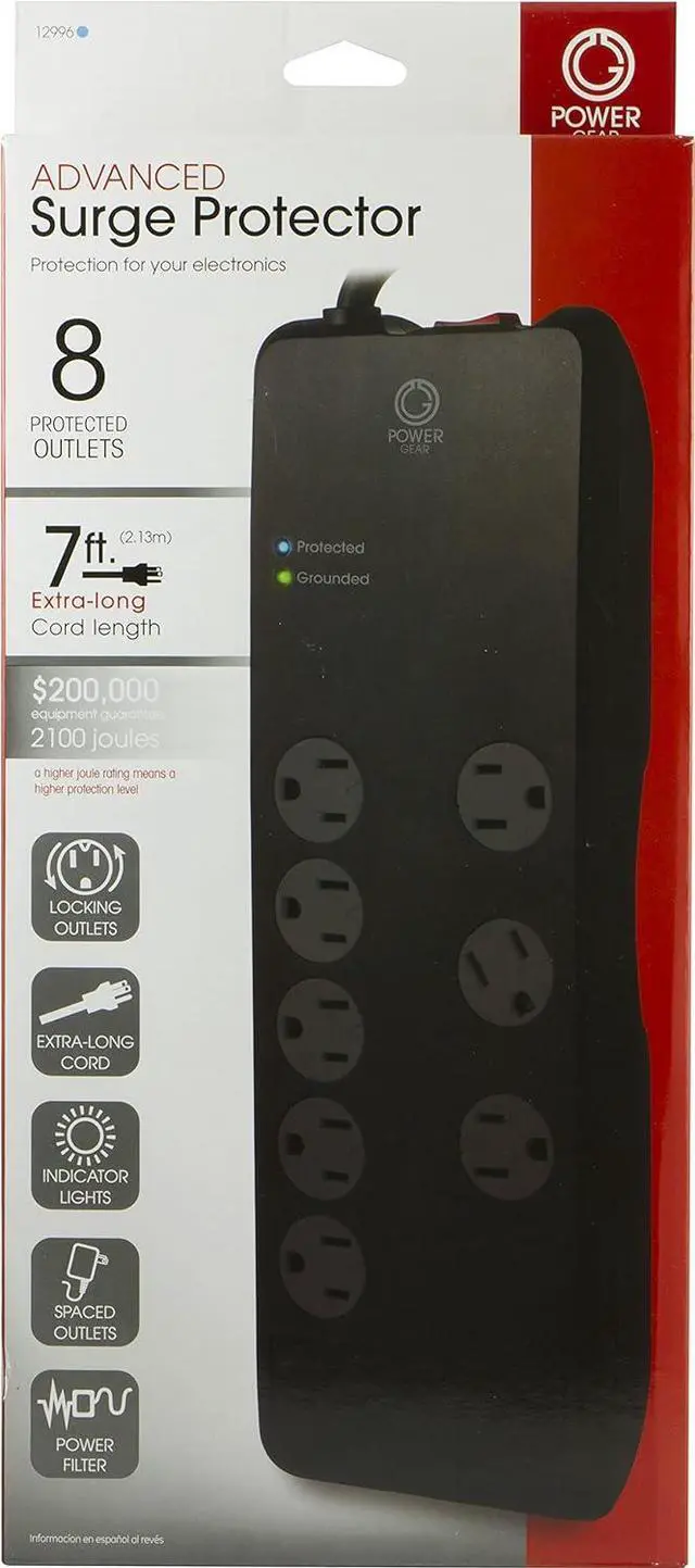 Alt view image 4 of 4 - Power Gear 8 Outlet Power Strip Surge Protector, 7 Ft Extension Cord, 2100 Joules, Twist-to-Close Safety Outlet Covers, 3 Adapter-Spaced Outlets, On/Off Switch, Automatic Shutdown, Black, 12996