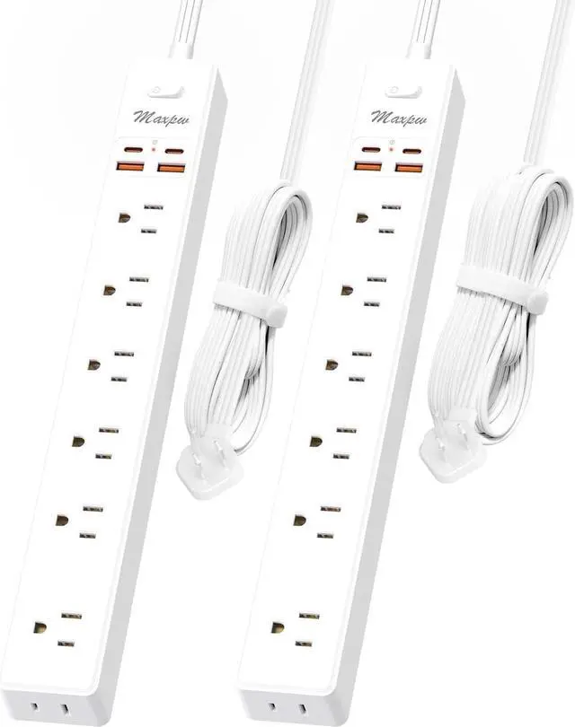 Main image of 2 Pack Power Strip Surge Protector - 7 Outlets 4 USB Ports (2 USB C), Maxpw Ultra Thin Flat Extension Cord & Flat Plug, 10 Ft & 6 Ft, 1875W/15A, 1700 Joules, Wall Mount for Home Office Dorm, White