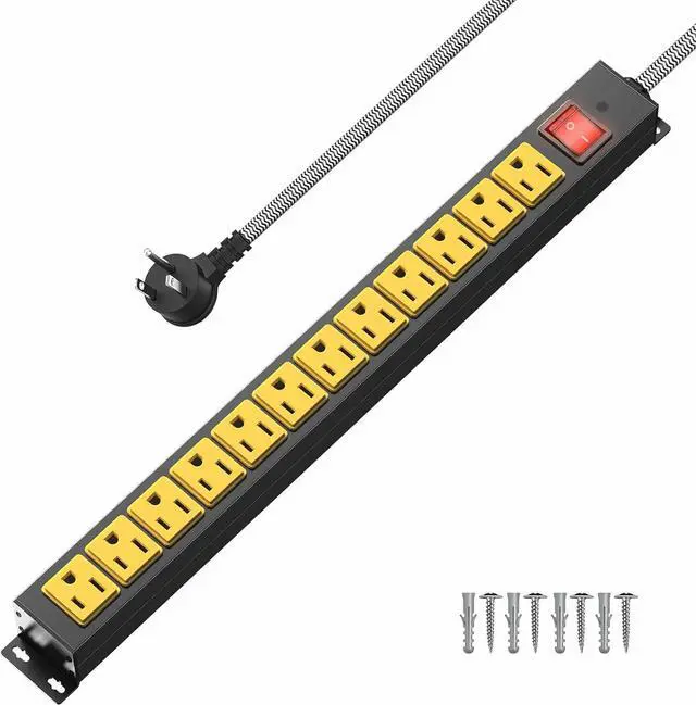 Main image of 12 Outlet Heavy Duty Power Strip with 15A Circuit Breaker,Metal Wall Mount Power Strip for Garage Workshop Industrial 1200J 15A 125V 1875W 6ft Cord
