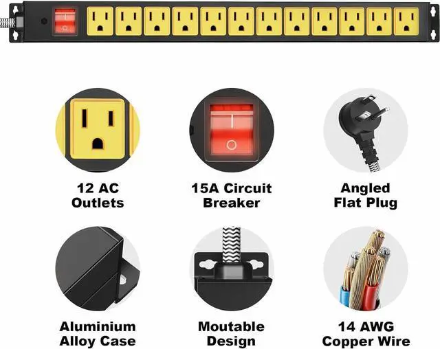 Alt view image 2 of 7 - 12 Outlet Heavy Duty Power Strip with 15A Circuit Breaker,Metal Wall Mount Power Strip for Garage Workshop Industrial 1200J 15A 125V 1875W 6ft Cord