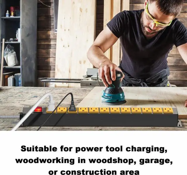 Alt view image 3 of 7 - 12 Outlet Heavy Duty Power Strip with 15A Circuit Breaker,Metal Wall Mount Power Strip for Garage Workshop Industrial 1200J 15A 125V 1875W 6ft Cord