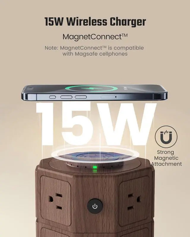 Alt view image 2 of 7 - Power Strip Tower with 15W Wireless Charger, SUPERDANNY 1050J Surge Protector Tower 13A Charging Station with 12 AC Outlets & 6 USB Ports (2 USB C), 6.5ft Extension Cord for Home Office, Wood Grain
